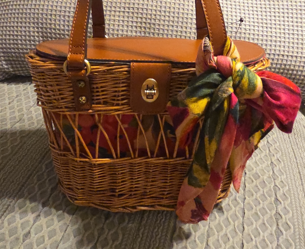 Patricia Nash Woven Rattan Basket Tote with Multicolor Scarf Accent - Tan